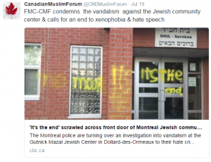 CMF tweet on Vandalism against jewish community center